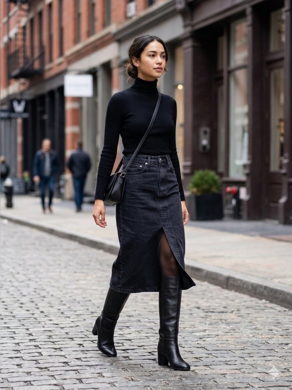 Mango Soleil 90’s Edgy Denim Midi Skirt in Washed Black
